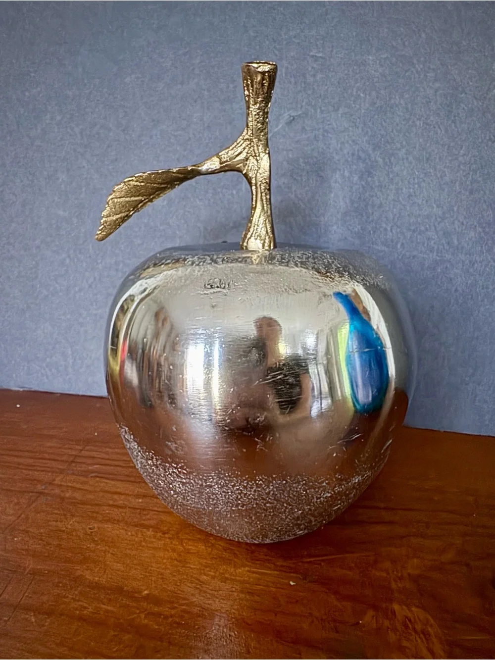 Large Decorative Metal Apple Sculpture - Silver with Gold Brass Stem